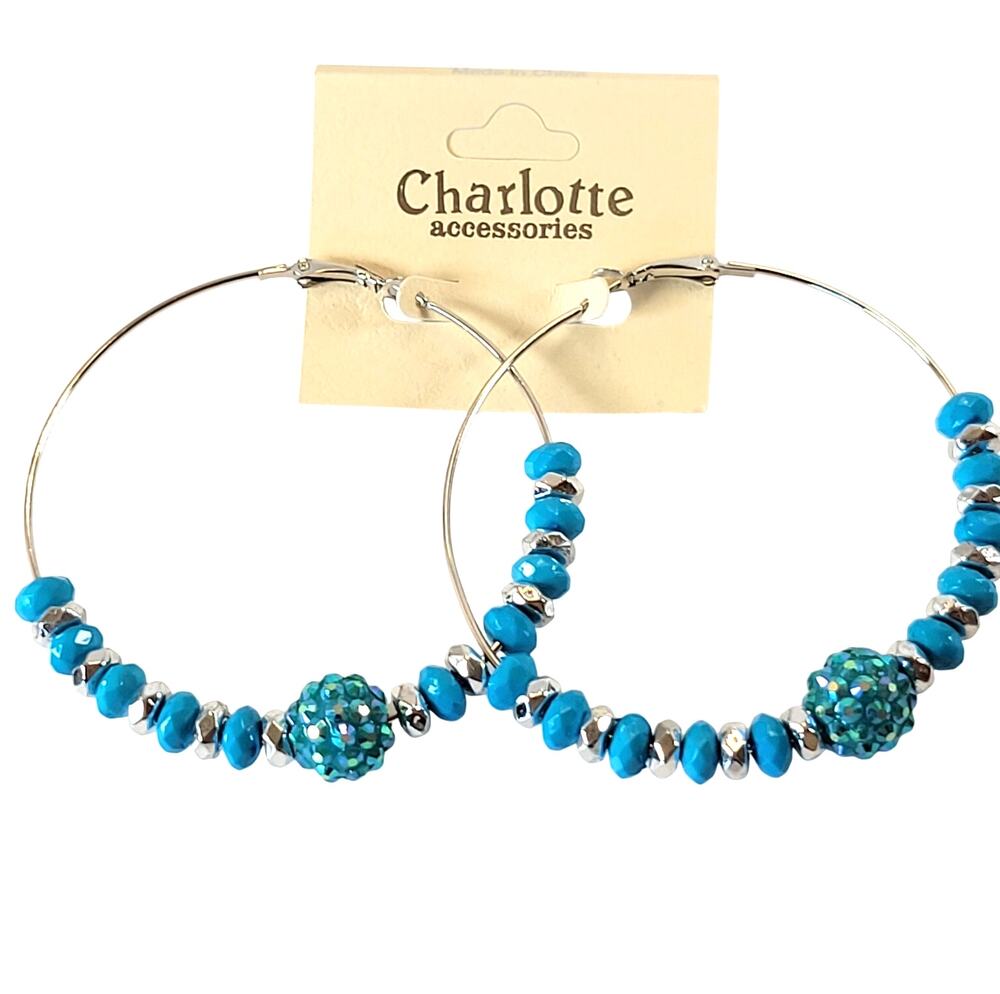 Large Blue Beaded Hoop Earrings 3" Silver Tone Rhinestone Accent Pierced Trendy